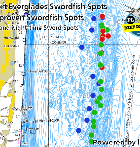 Miami Florida Swordfish Spots, GPS Coordinates for Swordfish Daytime or  Night